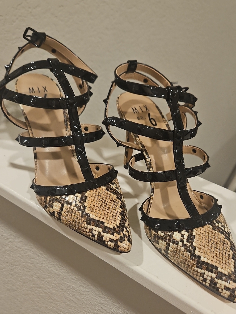 Mix No. 6 Black Patent Multi-Strap Heels with Snakeskin Pointed Toe